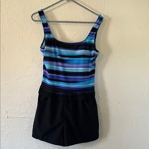 Blue & Black Striped One-Piece Swim romper
